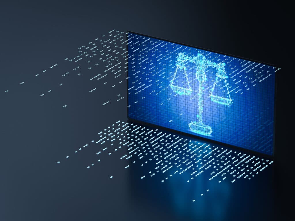 Cyber law concept with digital screen display scale law